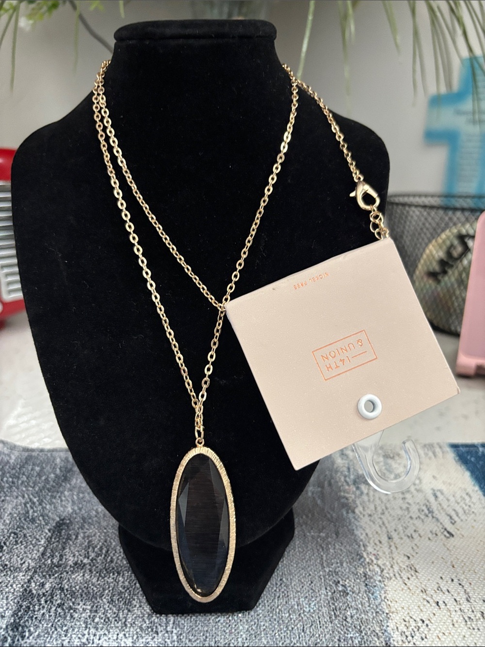 Gold-Tone Long Pendant Necklace with Black Faceted Stone